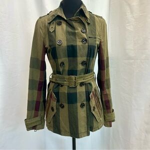 Burberry Brit Check Trench Coat Jacket double breasted Short Linen green belted
